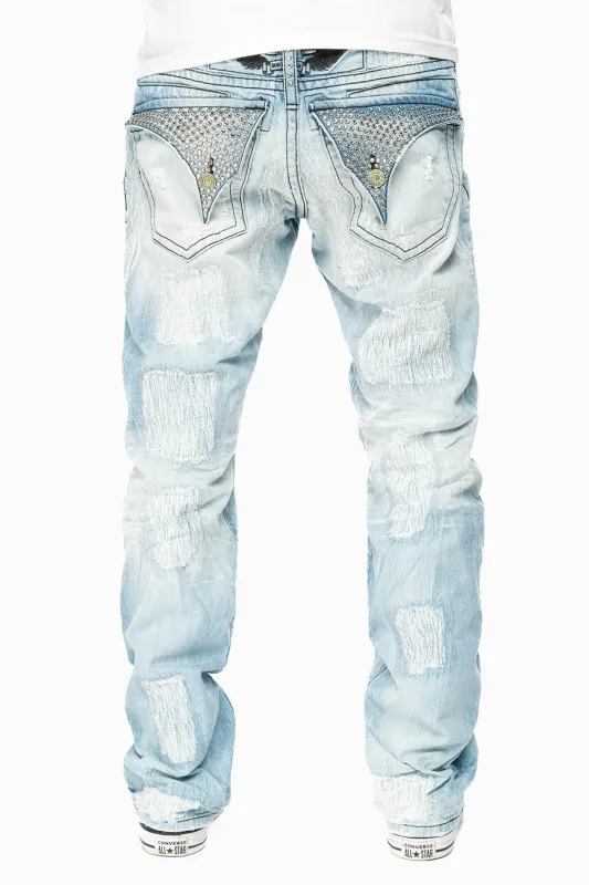 ROBIN'S REPAIRED JEANS IN 5D LIGHT BLUE WASH WITH CLEAR DIAMOND CRYSTALS sold by Robin's Jean