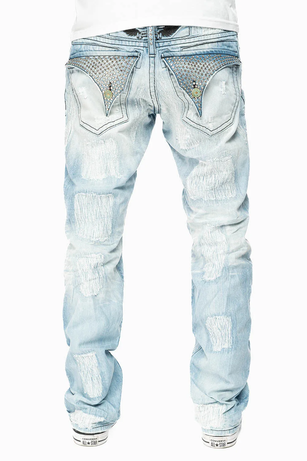 ROBIN'S REPAIRED JEANS IN 5D LIGHT BLUE WASH WITH CLEAR DIAMOND CRYSTALS sold by Robin's Jean