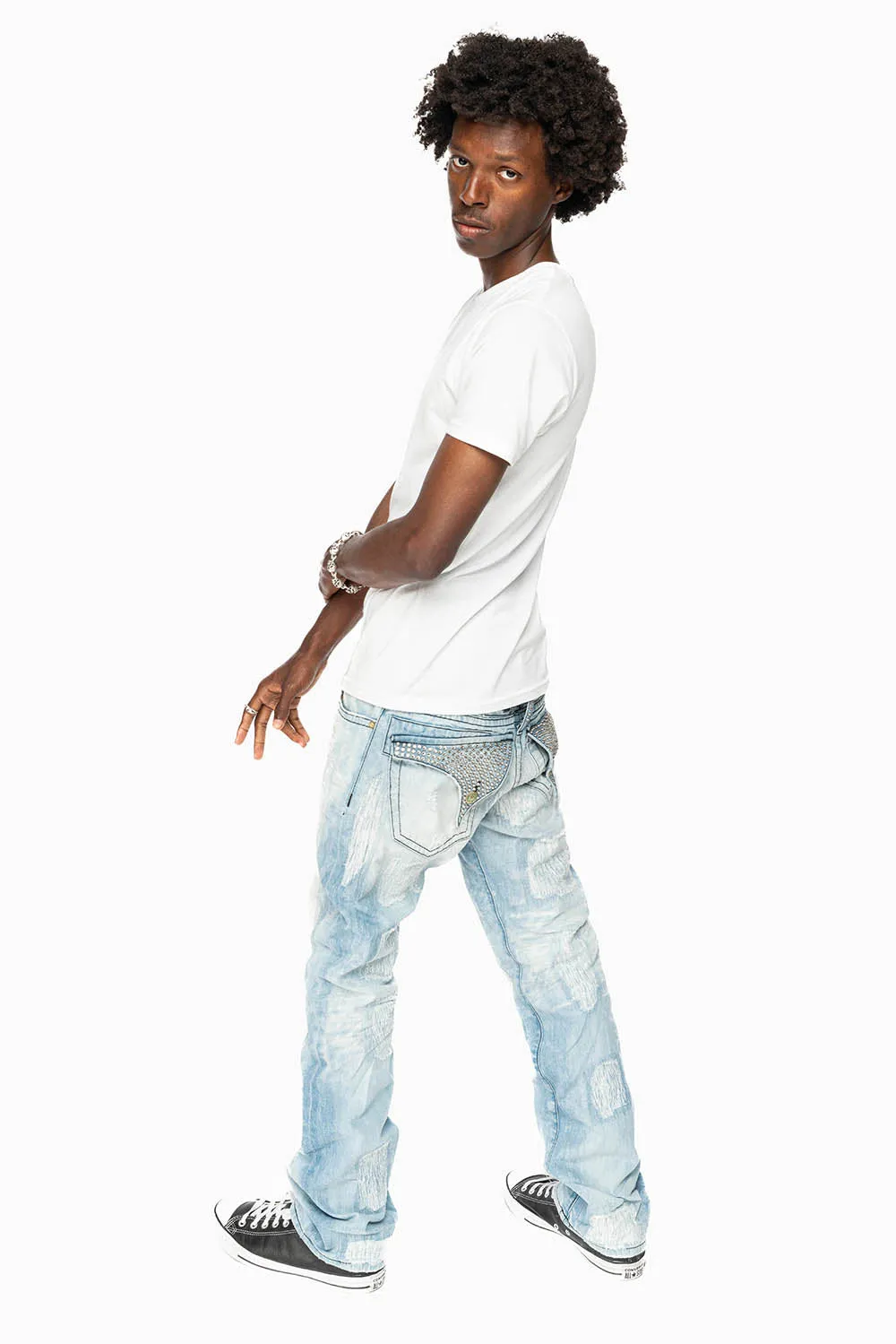 ROBIN'S REPAIRED JEANS IN 5D LIGHT BLUE WASH WITH CLEAR DIAMOND CRYSTALS sold by Robin's Jean product image thumbnail 5