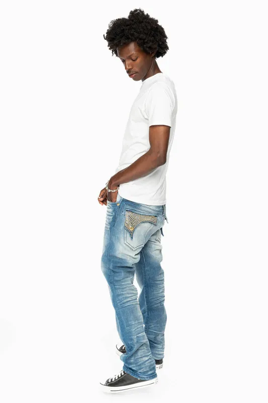 KILLER FLAP MENS STRAIGHT LEG JEAN IN  BLUE OMAHA MED  FULLY EMBELLISHED WITH CLEAR CRYSTALS sold by Robin's Jean