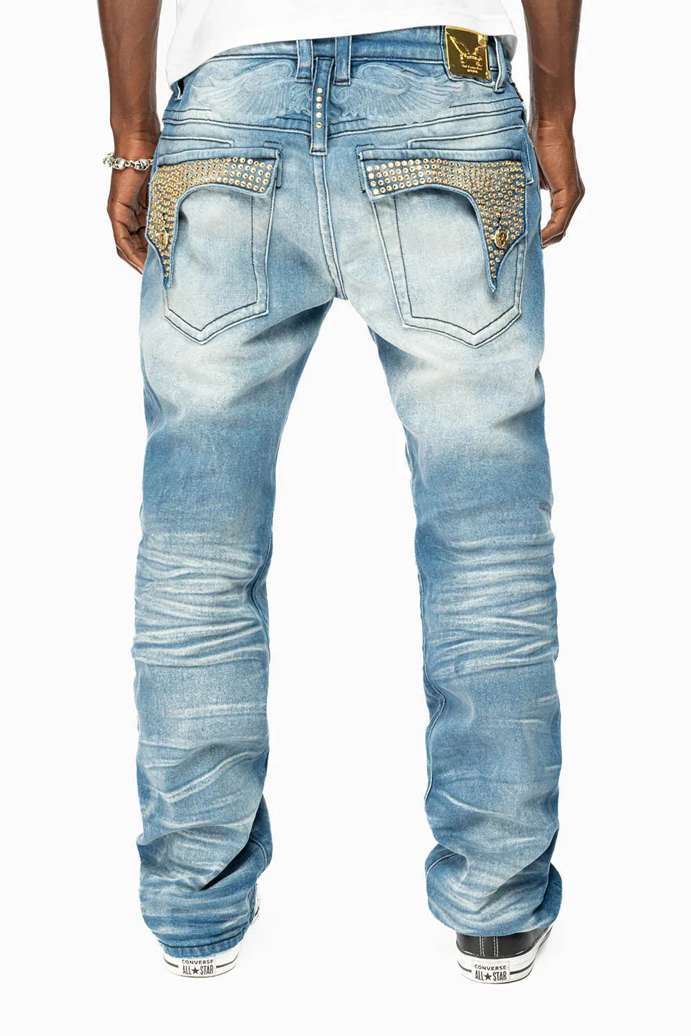 KILLER FLAP MENS STRAIGHT LEG JEAN IN BLUE OMAHA MED FULLY EMBELLISHED WITH CLEAR CRYSTALS sold by Robin's Jean product image thumbnail 5