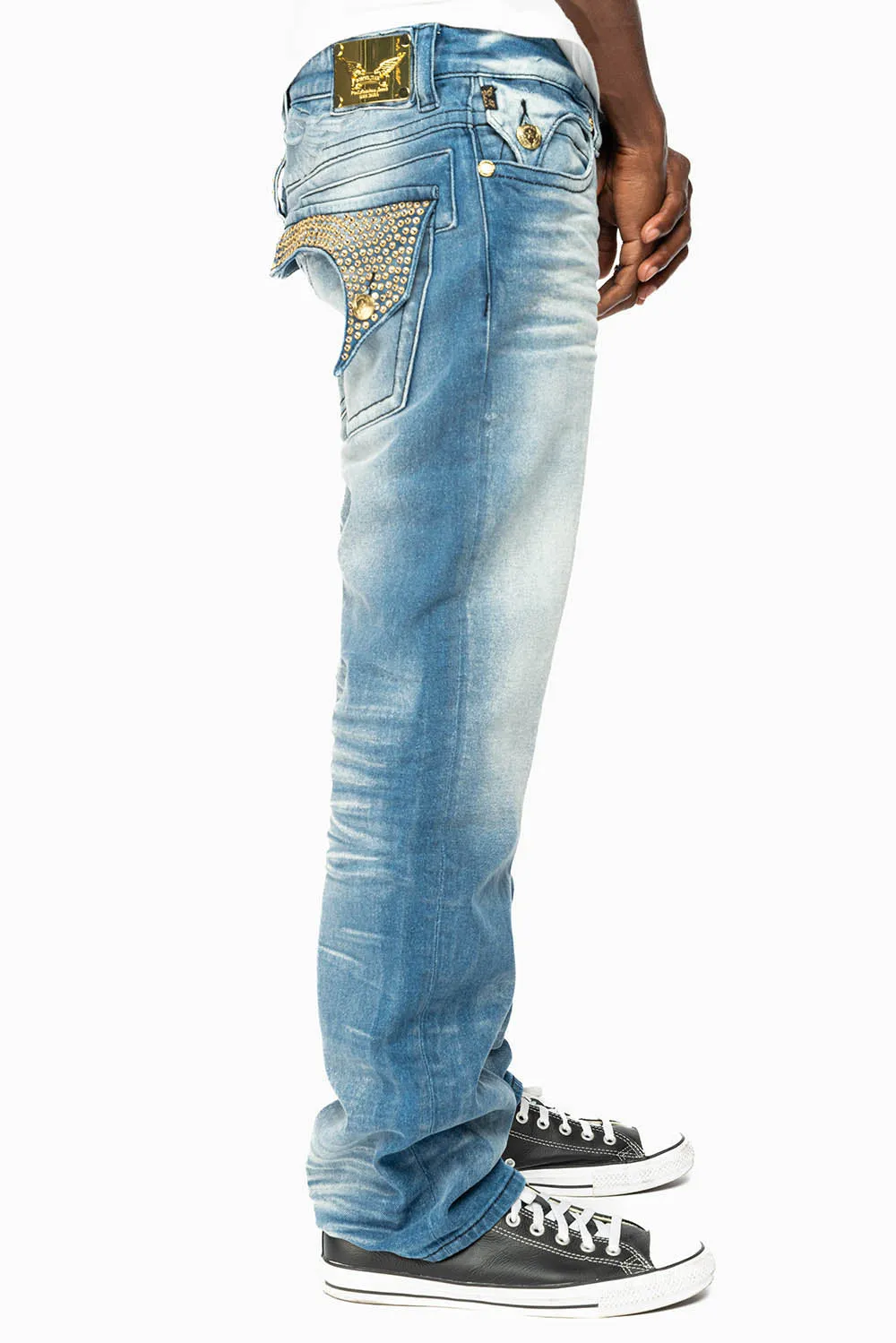 KILLER FLAP MENS STRAIGHT LEG JEAN IN BLUE OMAHA MED FULLY EMBELLISHED WITH CLEAR CRYSTALS sold by Robin's Jean product image thumbnail 4