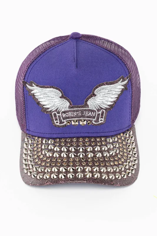 PURPLE/WINE OSTRICH TRUCKER HAT WITH SILVER WING LOGO EMBROIDERY sold by Robin's Jean