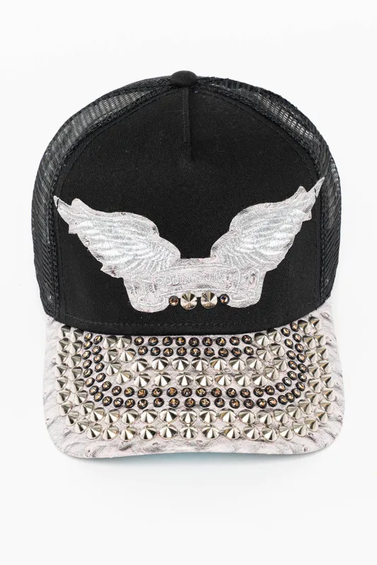BLK/GREY OSTRICH TRUCKER HAT WITH MASSIVE EMBELLISHMENT made by Robin's Jean