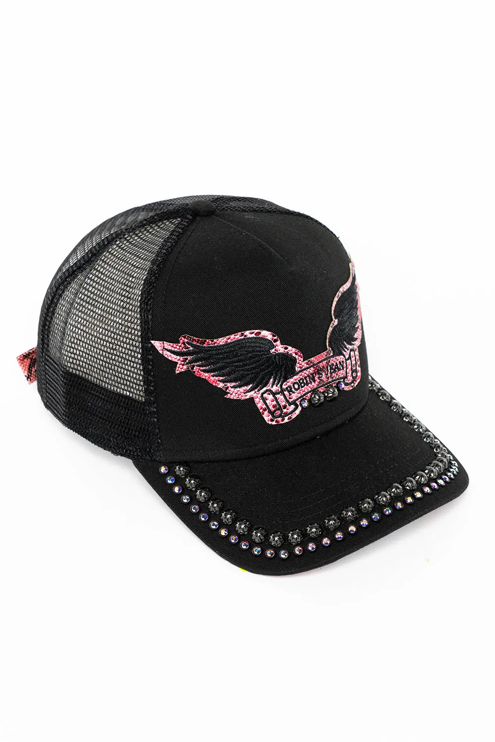 BLACK TRUCKER HAT WITH ROBIN’S SIGNATURE WING LOGO IN SALMON PYTHON WITH STUDS AND CRYSTALS sold by Robin's Jean product image thumbnail 3