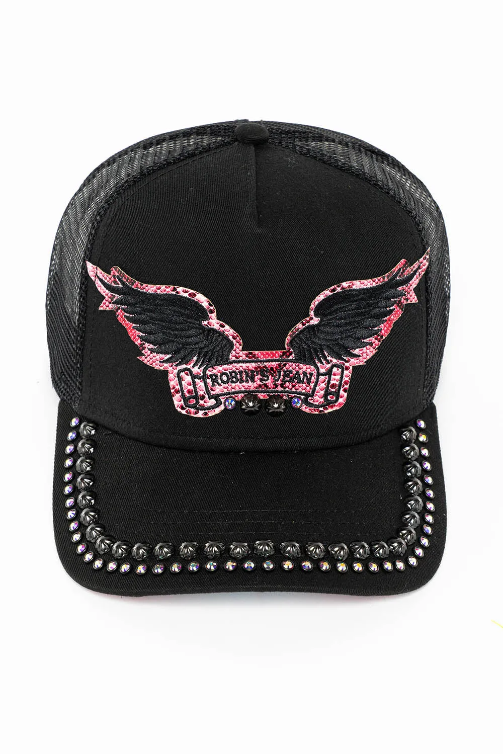 BLACK TRUCKER HAT WITH ROBIN’S SIGNATURE WING LOGO IN SALMON PYTHON WITH STUDS AND CRYSTALS sold by Robin's Jean