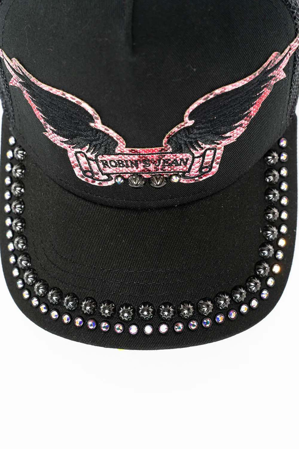 BLACK TRUCKER HAT WITH ROBIN’S SIGNATURE WING LOGO IN SALMON PYTHON WITH STUDS AND CRYSTALS sold by Robin's Jean product image thumbnail 2