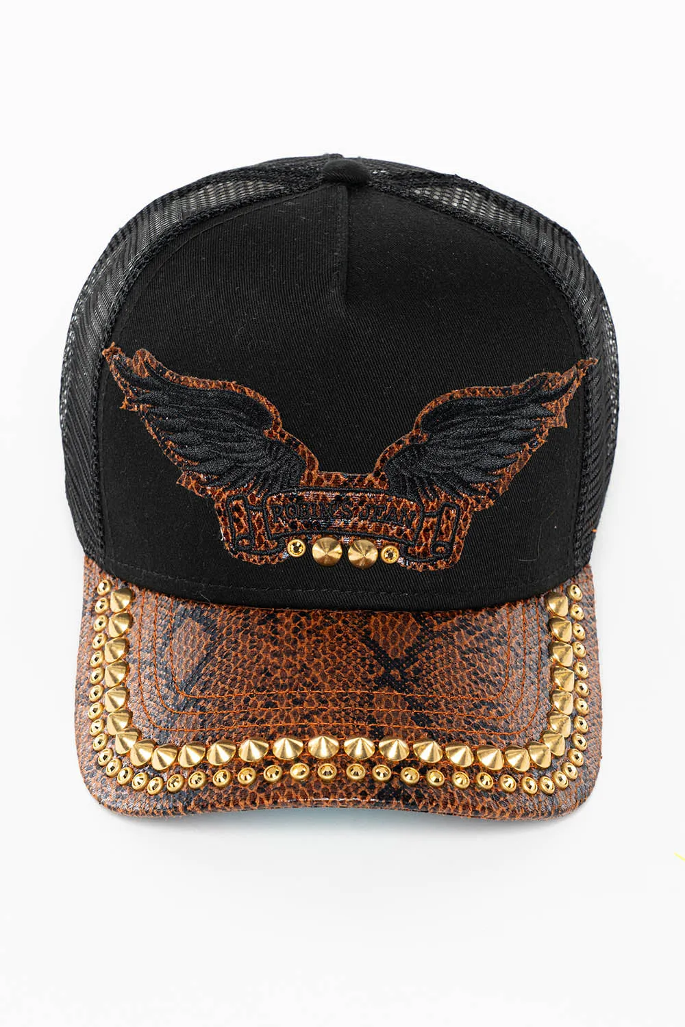 BLACK AND BROWN PYTHON TRUCKER HAT WITH ROBINS SIGNATURE WING AND CRYSTALS sold by Robin's Jean