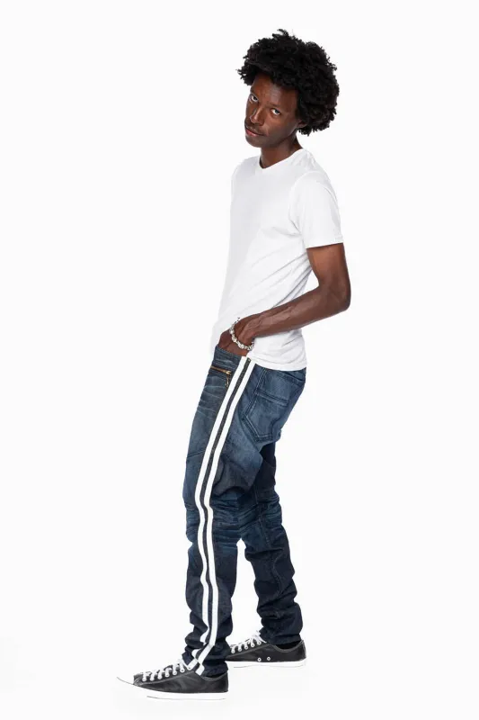 ROBINS RED LABEL CLASSIC BIKER STYLE DENIM WITH STRIPES IN DARK BLUE WASH sold by Robin's Jean