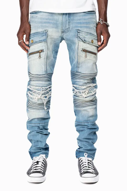 ROBINS RED LABEL MILITARY INSPIRED BIKER JEANS IN MEDIUM BLUE WASH sold by Robin's Jean