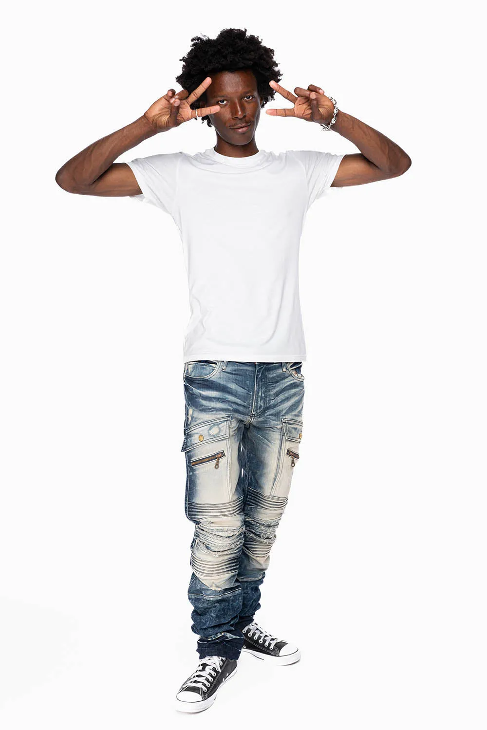 ROBINS RED LABEL MILITARY INSPIRED BIKER JEANS IN DARK BLUE BROKEN WASH sold by Robin's Jean product image thumbnail 4