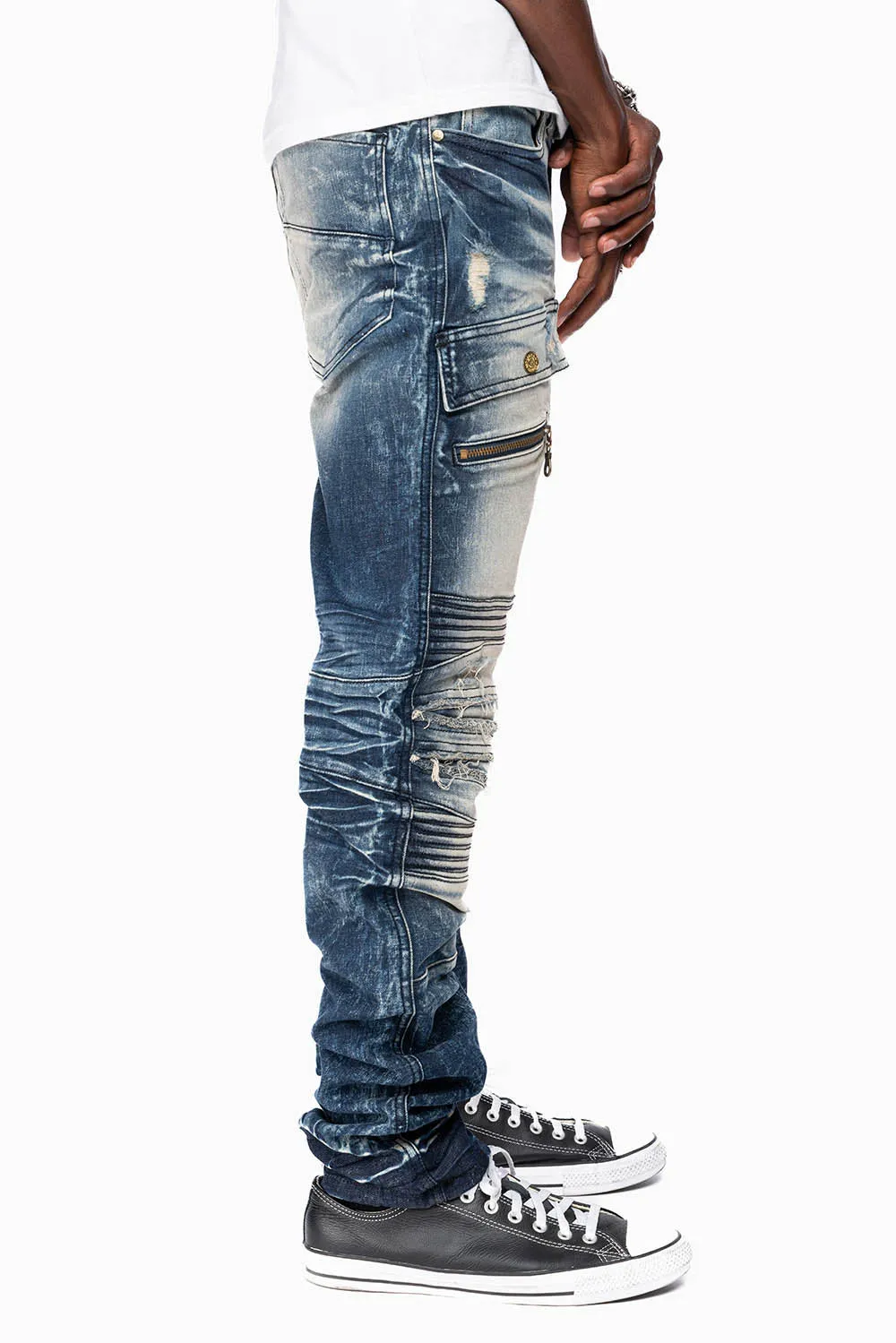 ROBINS RED LABEL MILITARY INSPIRED BIKER JEANS IN DARK BLUE BROKEN WASH sold by Robin's Jean product image thumbnail 3