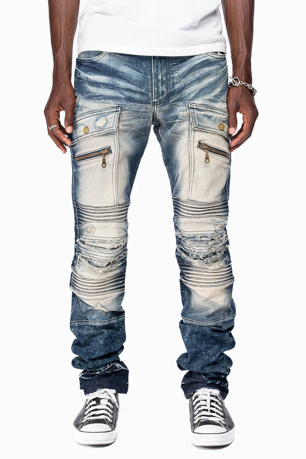 ROBINS RED LABEL MILITARY INSPIRED BIKER JEANS IN DARK BLUE BROKEN WASH sold by Robin's Jean