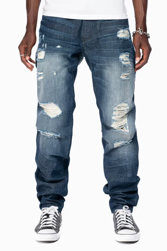 ROBINS RED LABEL LONG FLAP SLIM JEANS IN DARK BLUE BROKEN WASH WITH PATCHES sold by Robin's Jean