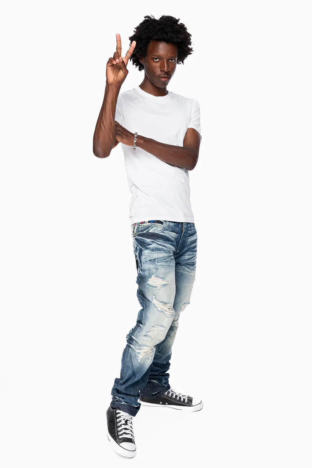 ROBINS RED LABEL LONG FLAP SLIM JEANS IN DARK BLUE BROKEN WASH sold by Robin's Jean product image thumbnail 4