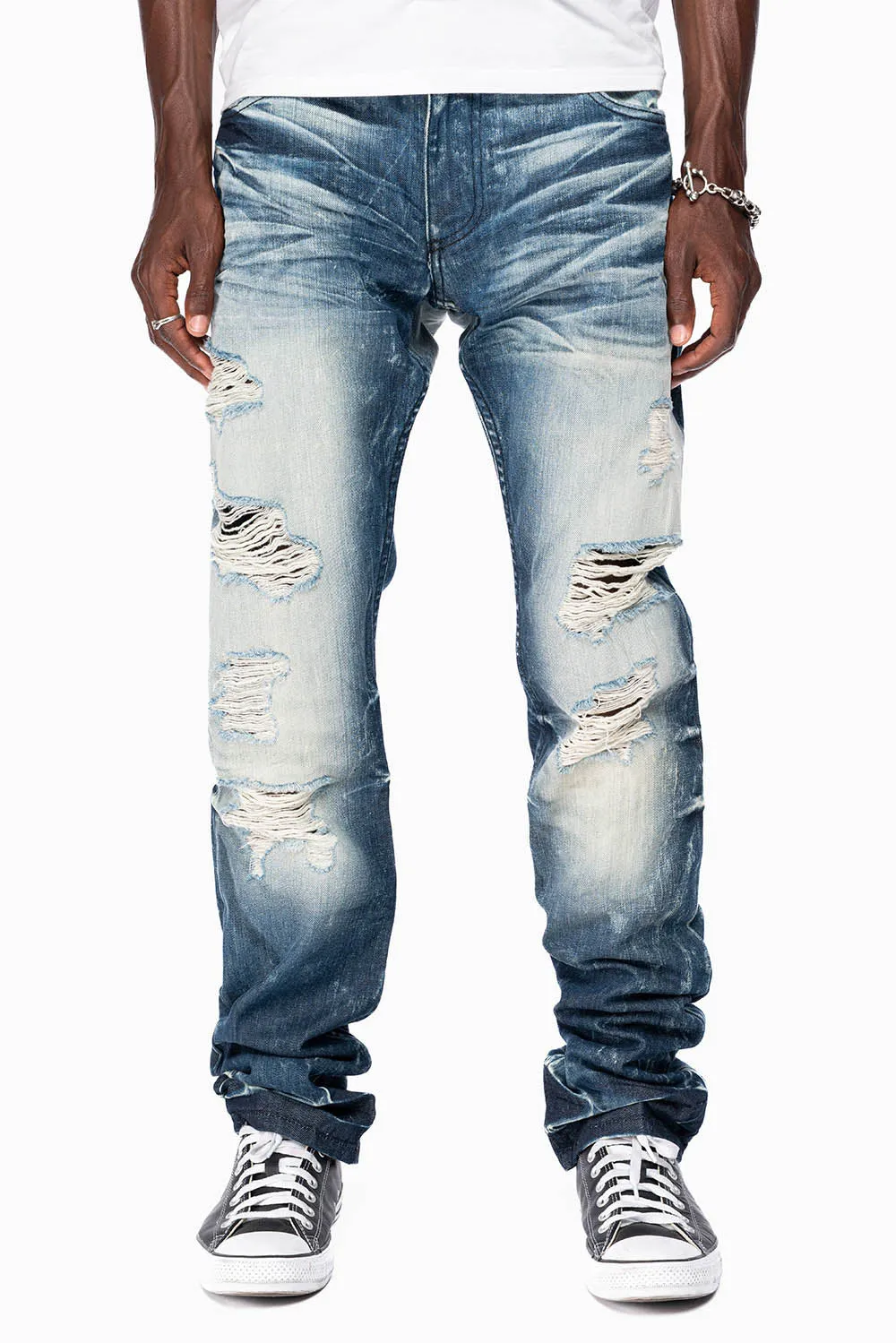 ROBINS RED LABEL LONG FLAP SLIM JEANS IN DARK BLUE BROKEN WASH sold by Robin's Jean