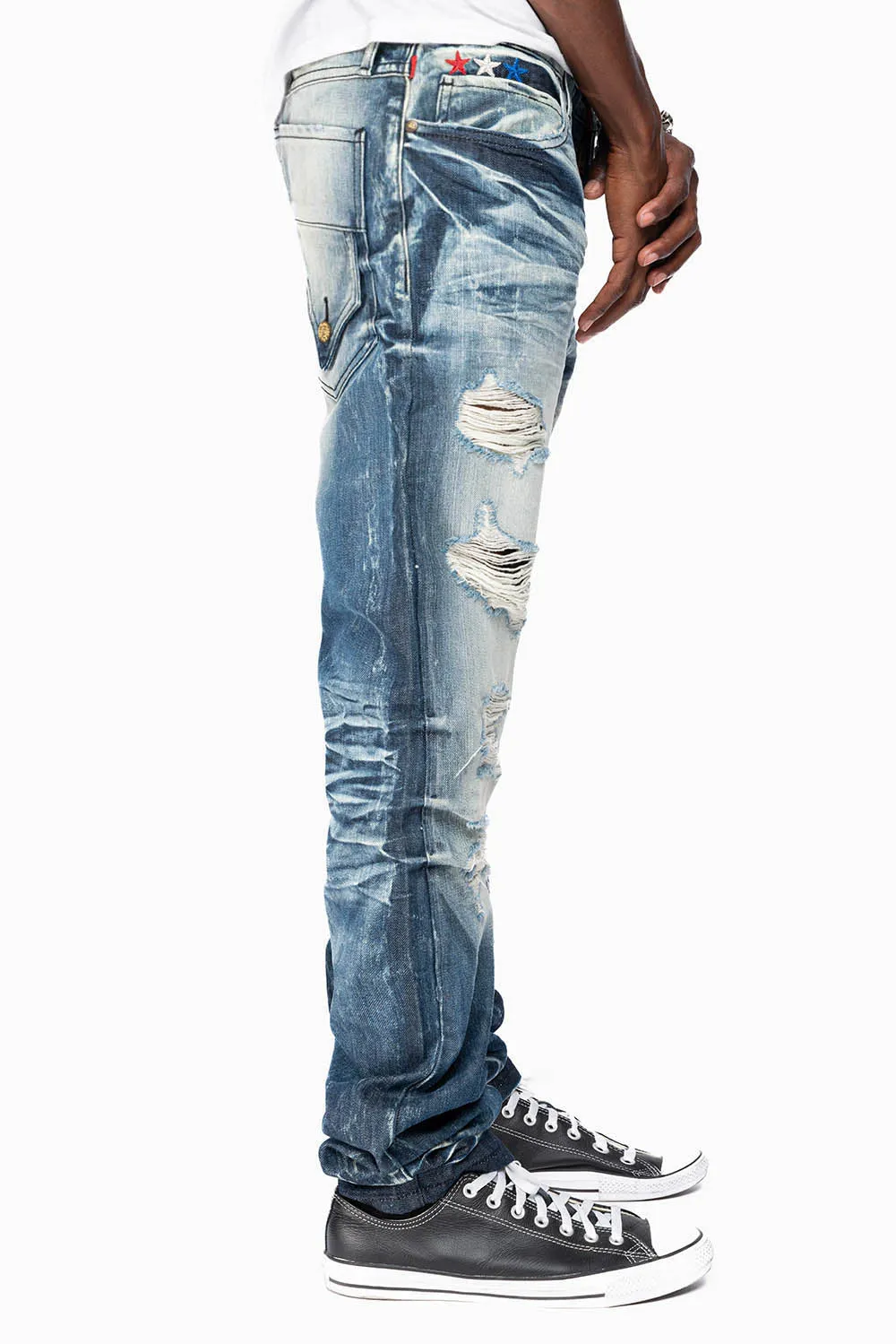 ROBINS RED LABEL LONG FLAP SLIM JEANS IN DARK BLUE BROKEN WASH sold by Robin's Jean product image thumbnail 3