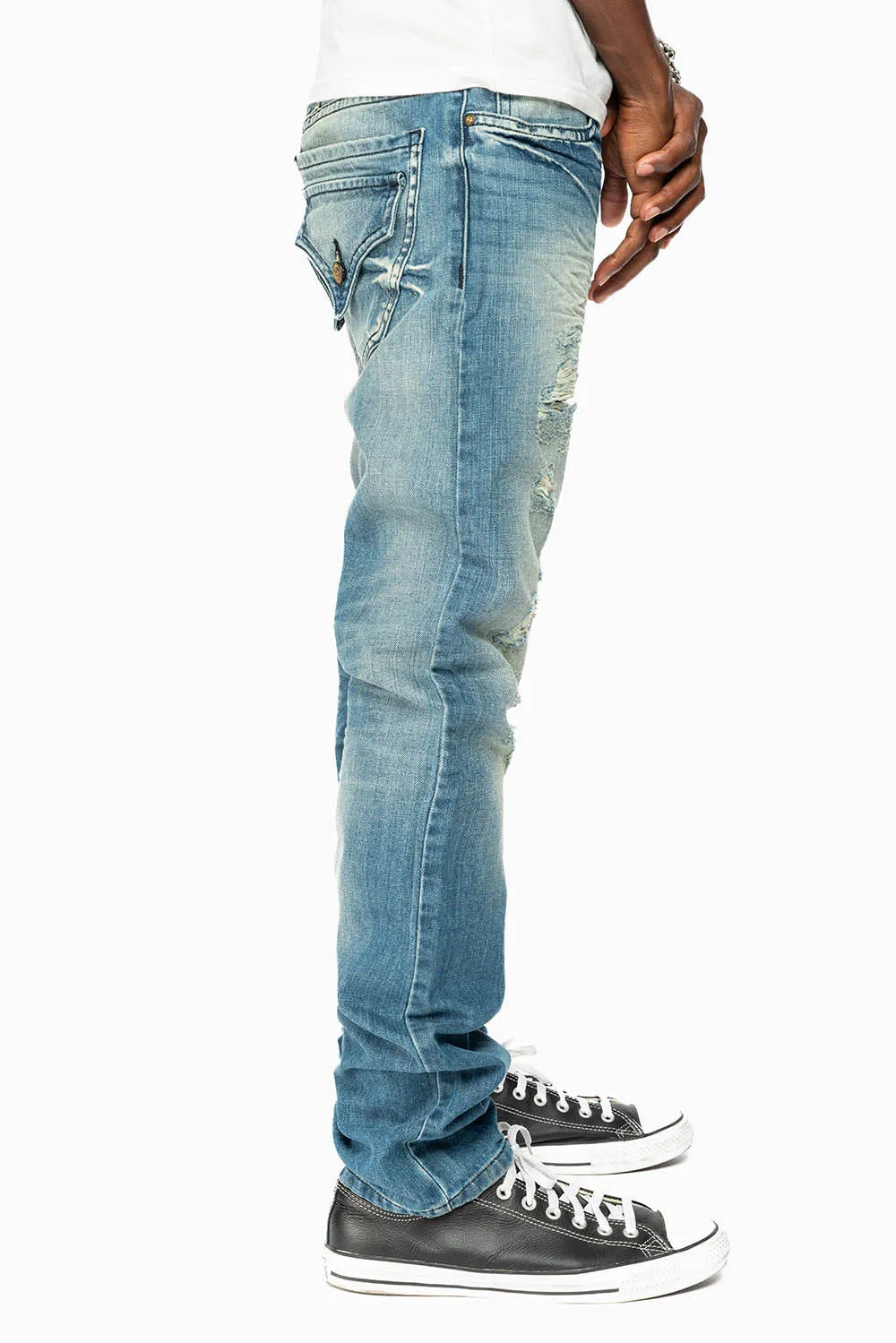 ROBINS RED LABEL LONG FLAP SLIM JEANS IN MEDIUM BLUE BROKEN WASH sold by Robin's Jean product image thumbnail 3