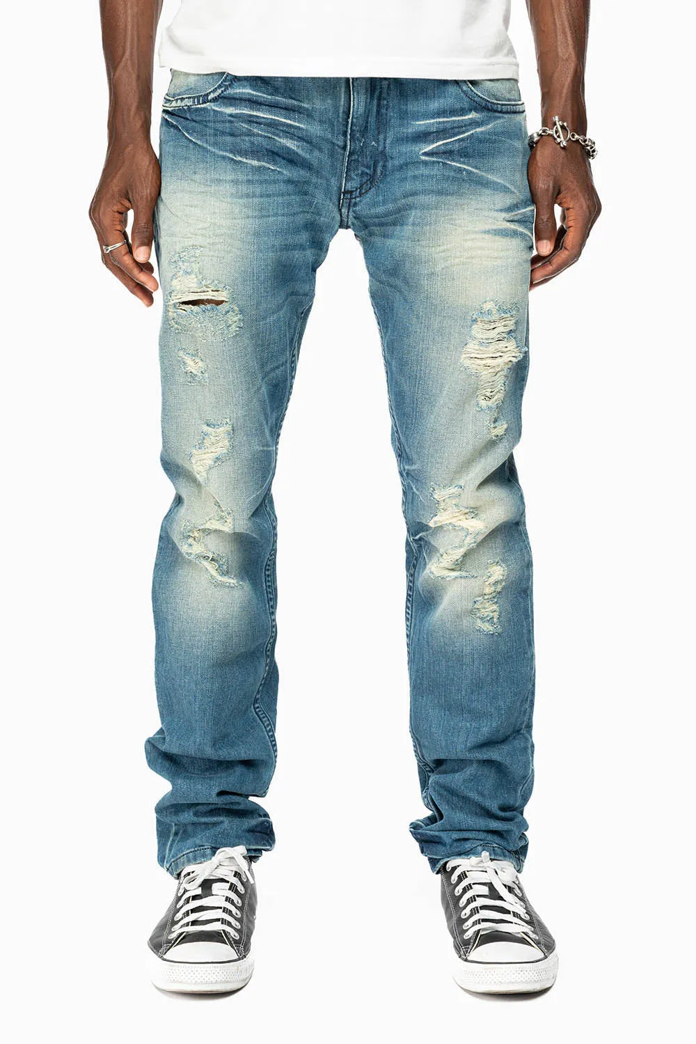 ROBINS RED LABEL LONG FLAP SLIM JEANS IN MEDIUM BLUE BROKEN WASH sold by Robin's Jean