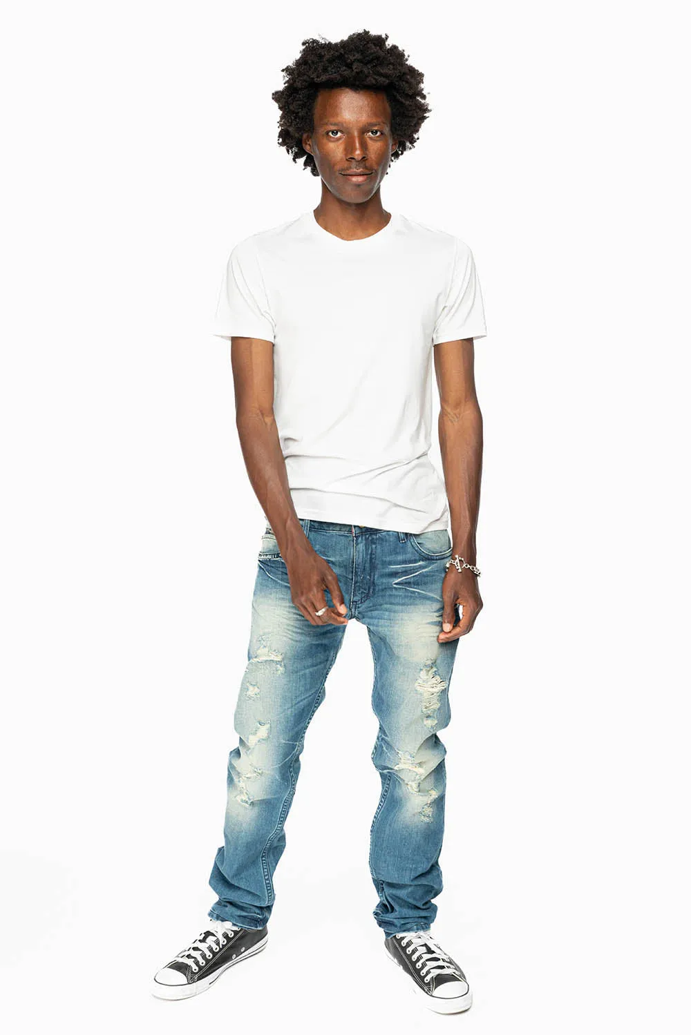 ROBINS RED LABEL LONG FLAP SLIM JEANS IN MEDIUM BLUE BROKEN WASH sold by Robin's Jean product image thumbnail 4