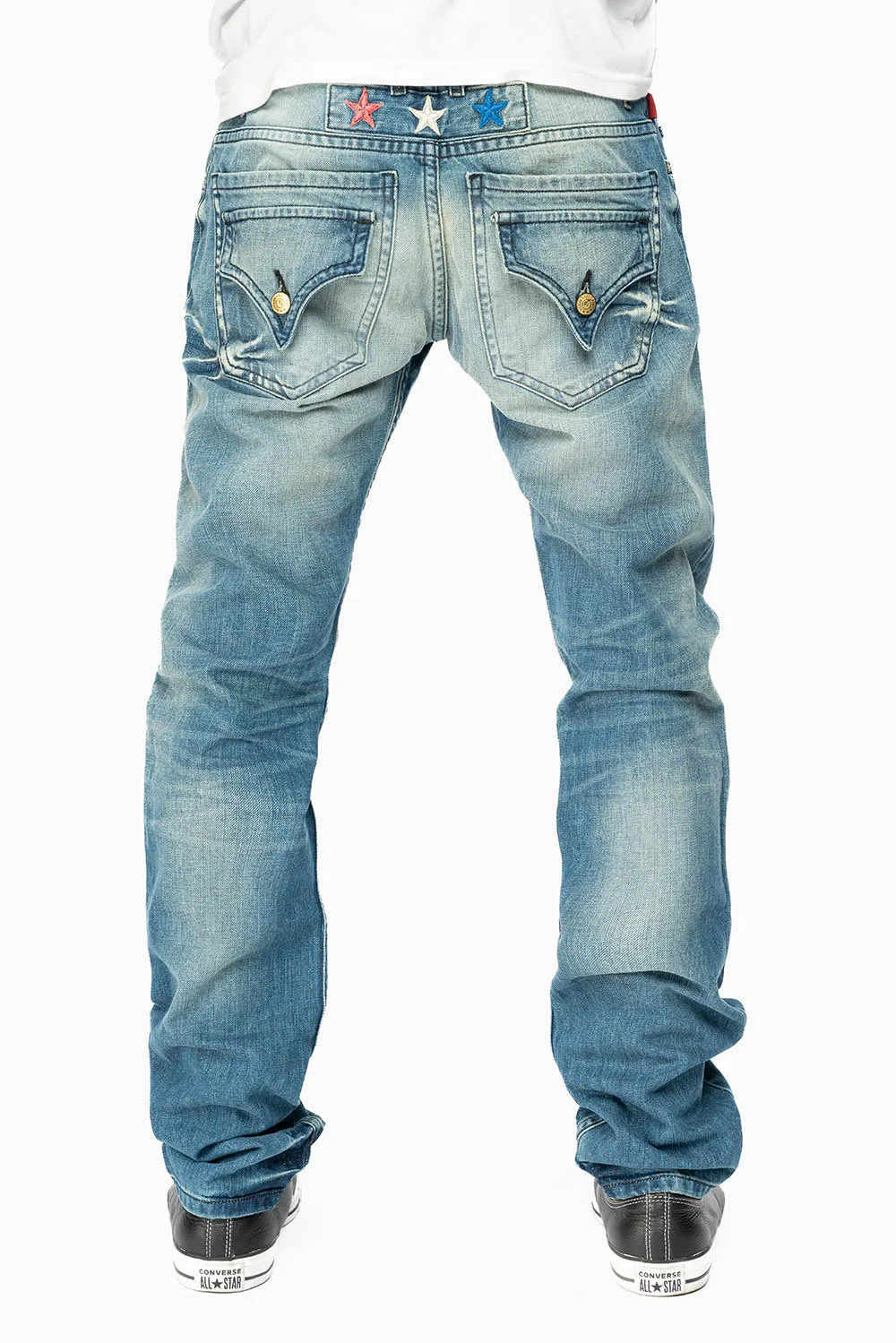 ROBINS RED LABEL LONG FLAP SLIM JEANS IN MEDIUM BLUE BROKEN WASH sold by Robin's Jean product image thumbnail 2
