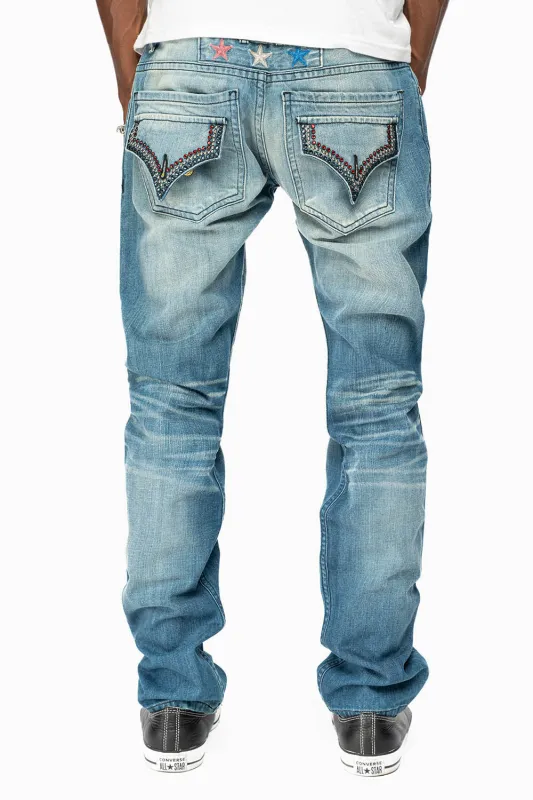 ROBINS RED LABEL LONG FLAP SLIM JEANS IN MEDIUM BLUE WASH WITH STUDS AND CRYSTALS sold by Robin's Jean