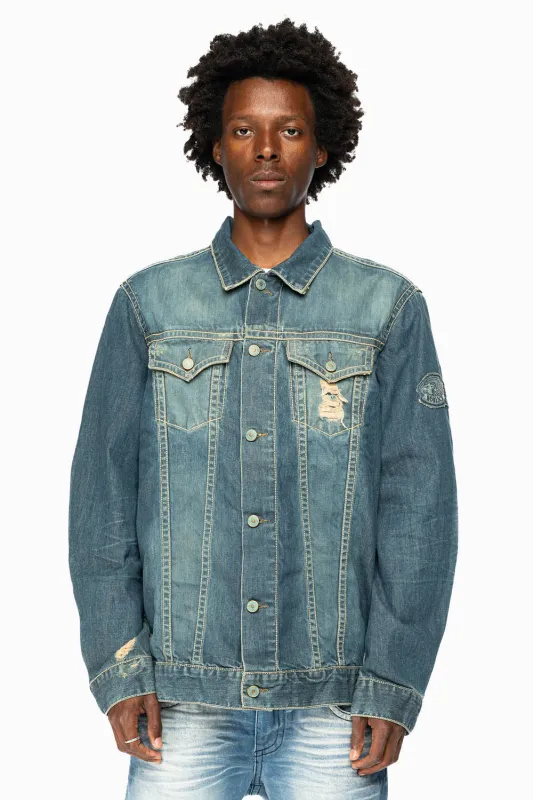 ROBINS MOTORCYCLE CLUB DENIM JACKET IN MEDIUM BLUE BROKEN WASH WITH PATCHES sold by Robin's Jean