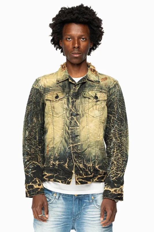 MENS DENIM JACKET IN LIGHT YELLOW 4D DARK PERU  WASH WITH BLACK WINGS sold by Robin's Jean