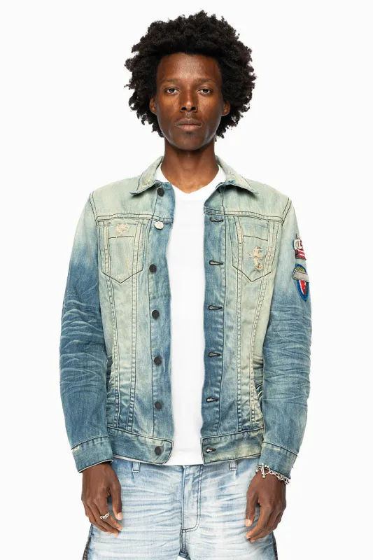 MENS DENIM JACKET IN ALLOY MEDIUM BROKEN WASH WITH PATCHES sold by Robin's Jean