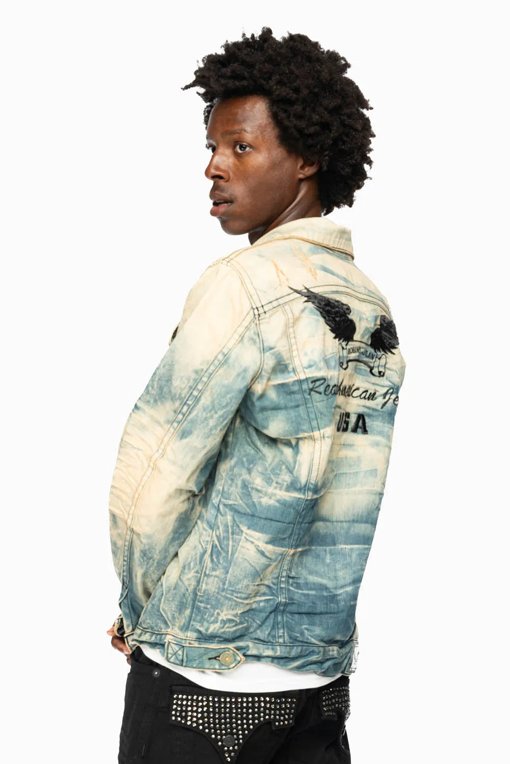 VINTAGE LIGHT BLUE JACKET WITH CONTRAST STITCHING AND BLACK EMBROIDERED LOGO WINGS sold by Robin's Jean product image thumbnail 4