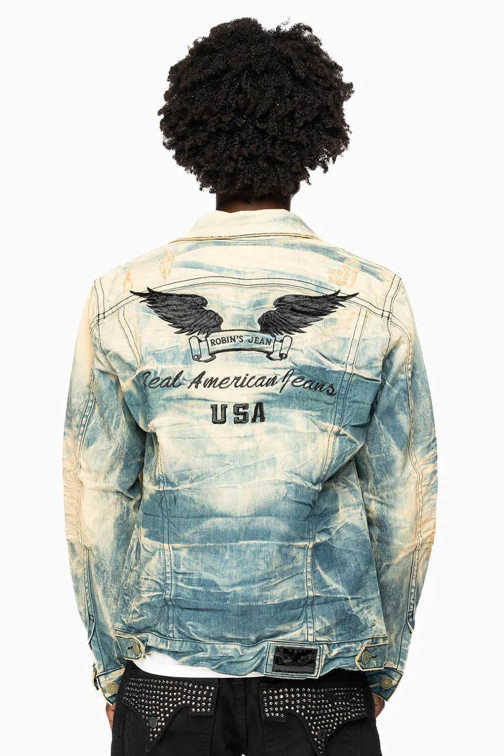 VINTAGE LIGHT BLUE JACKET WITH CONTRAST STITCHING AND BLACK EMBROIDERED LOGO WINGS sold by Robin's Jean product image thumbnail 2