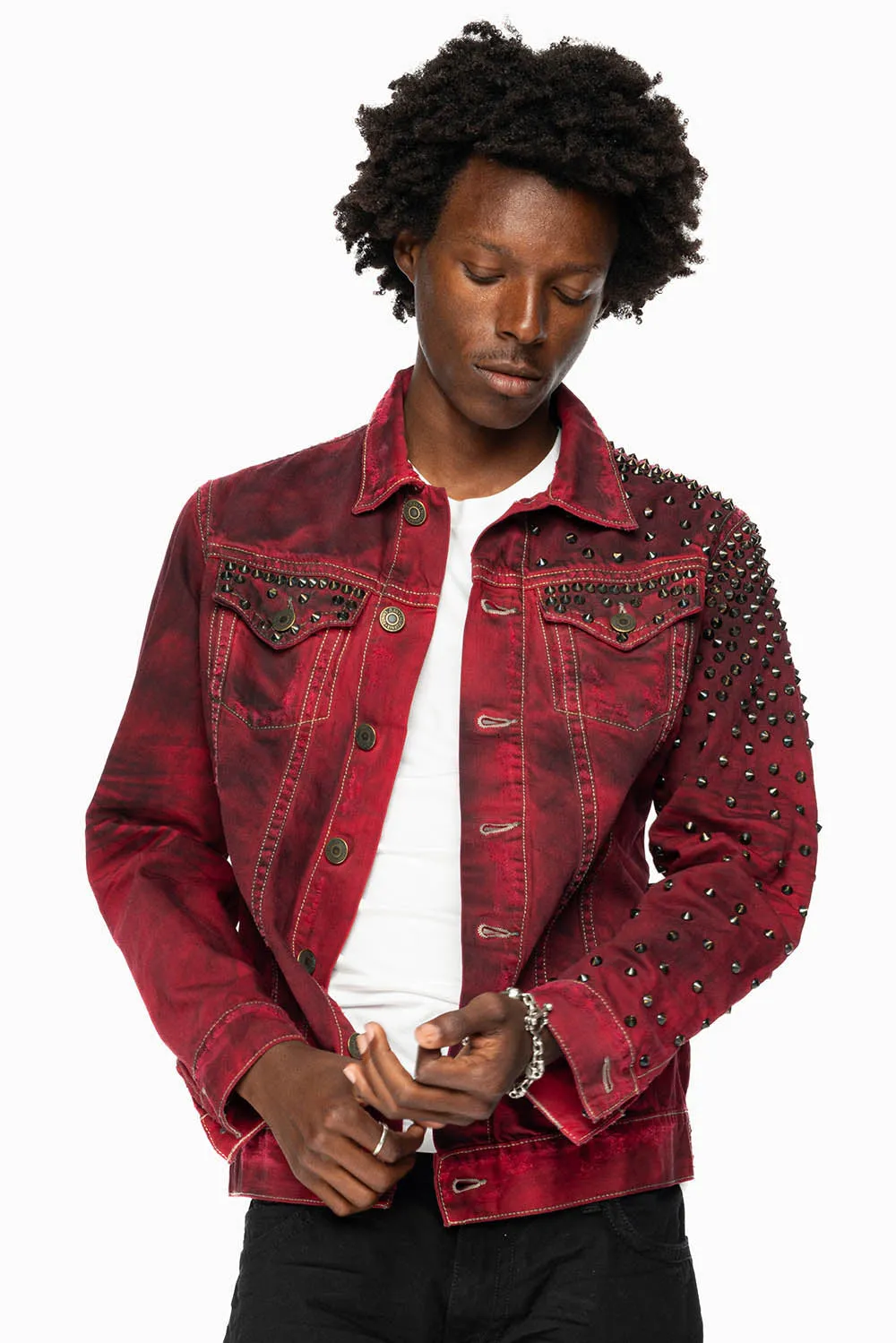 VINTAGE RED JEAN JACKET WITH LIGHT CONTRAST STITCH WITH SPIKES sold by Robin's Jean product image thumbnail 3