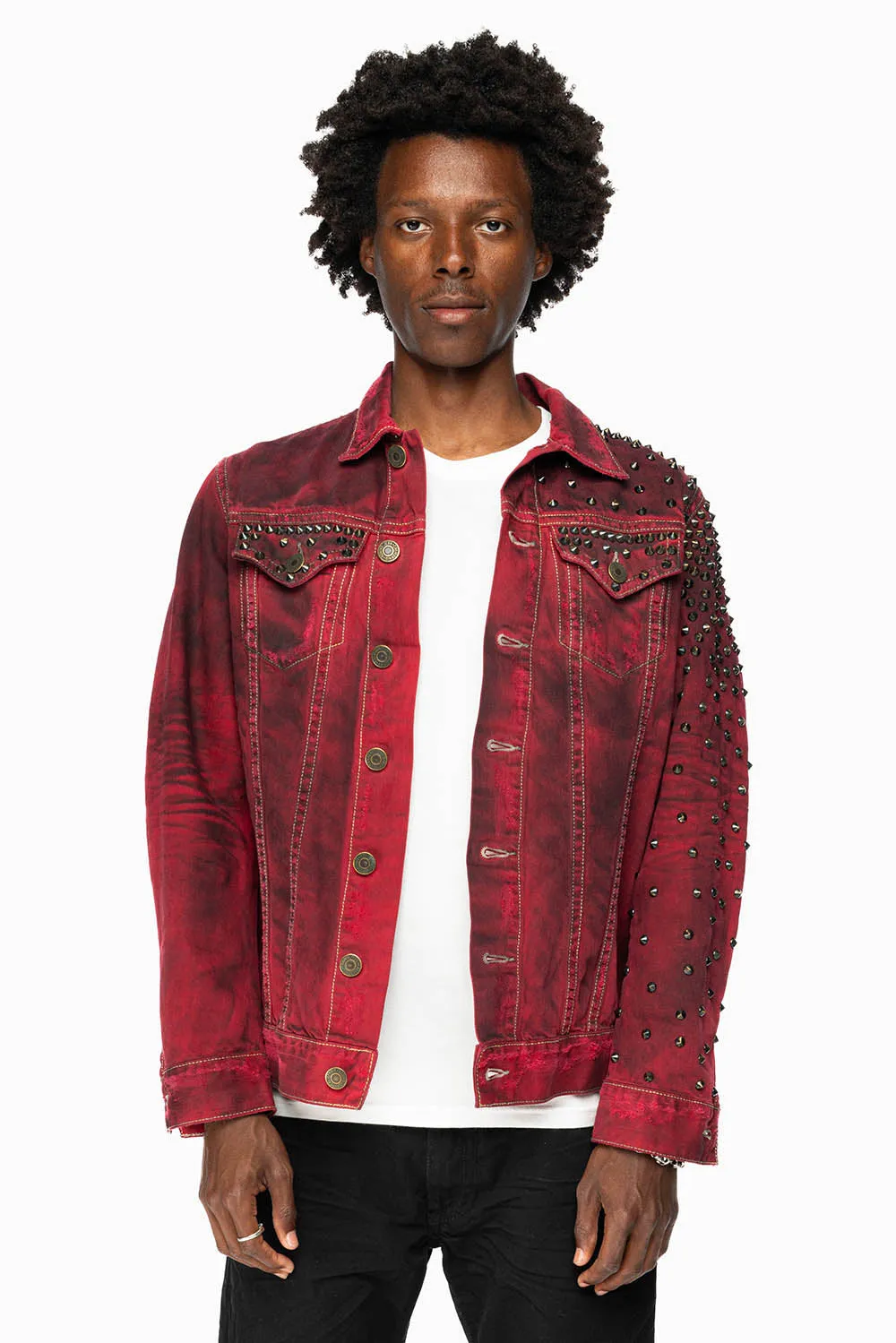 VINTAGE RED JEAN JACKET WITH LIGHT CONTRAST STITCH WITH SPIKES sold by Robin's Jean