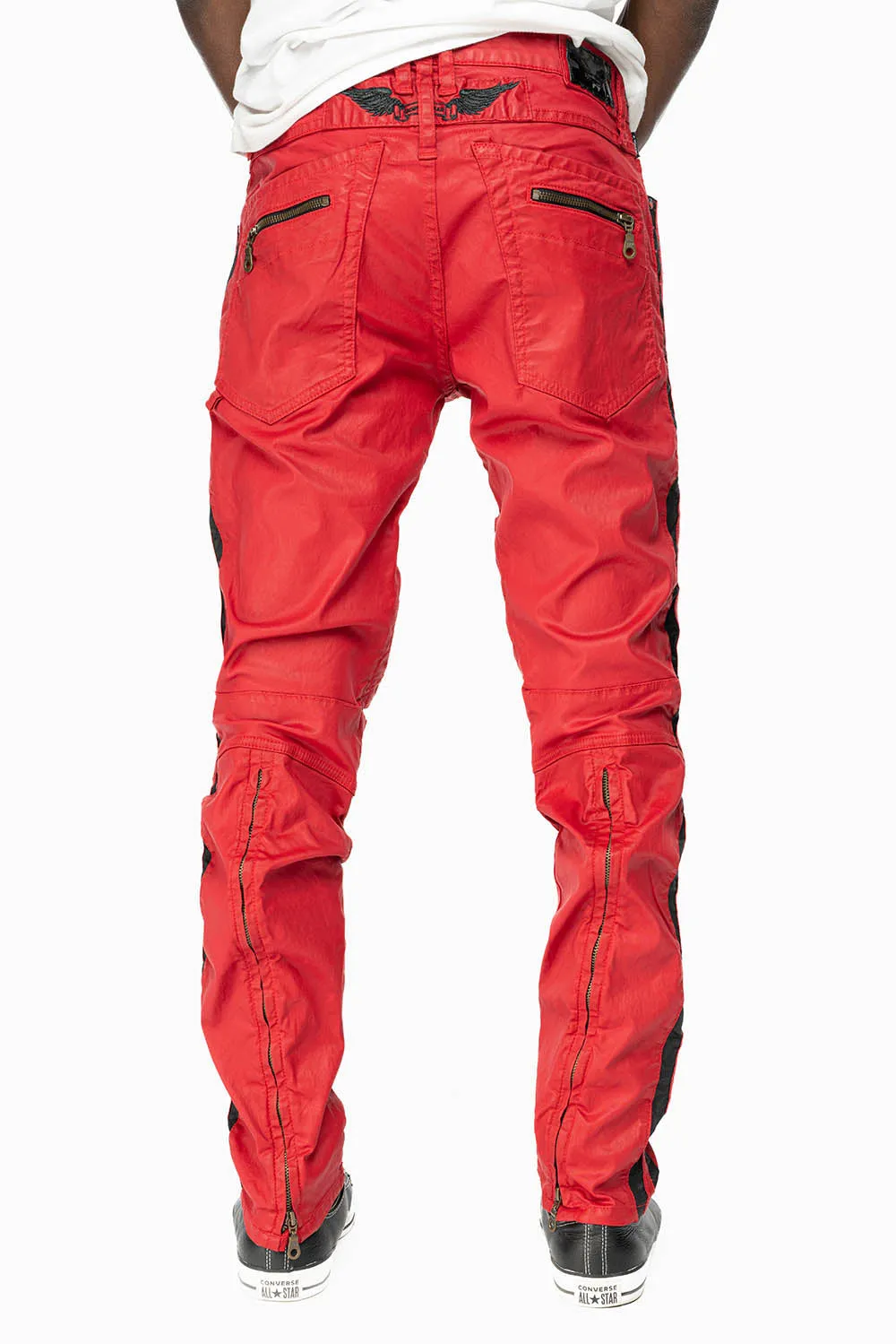 MENS BIKER JEANS IN RED DY FABRIC WITH BLK STRIPES sold by Robin's Jean product image thumbnail 2