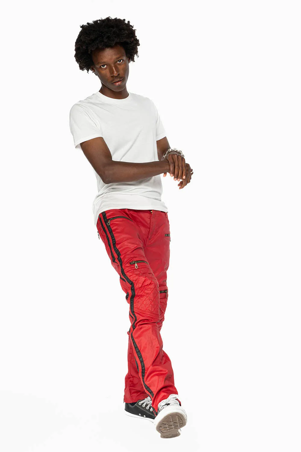 MENS BIKER JEANS IN RED DY FABRIC WITH BLK STRIPES sold by Robin's Jean