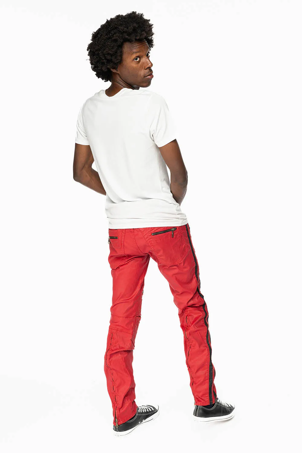 MENS BIKER JEANS IN RED DY FABRIC WITH BLK STRIPES sold by Robin's Jean product image thumbnail 3