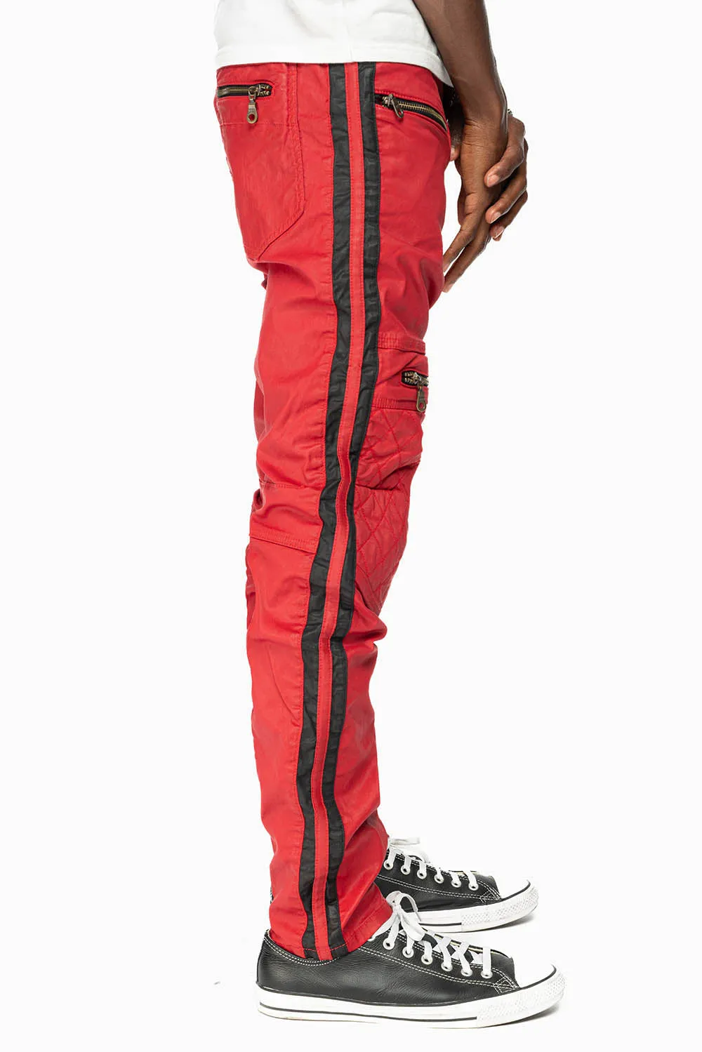 MENS BIKER JEANS IN RED DY FABRIC WITH BLK STRIPES sold by Robin's Jean product image thumbnail 5