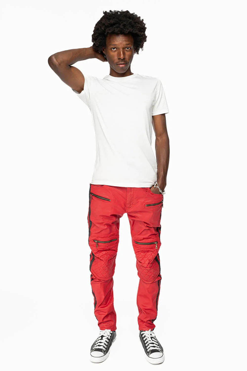 MENS BIKER JEANS IN RED DY FABRIC WITH BLK STRIPES sold by Robin's Jean product image thumbnail 4
