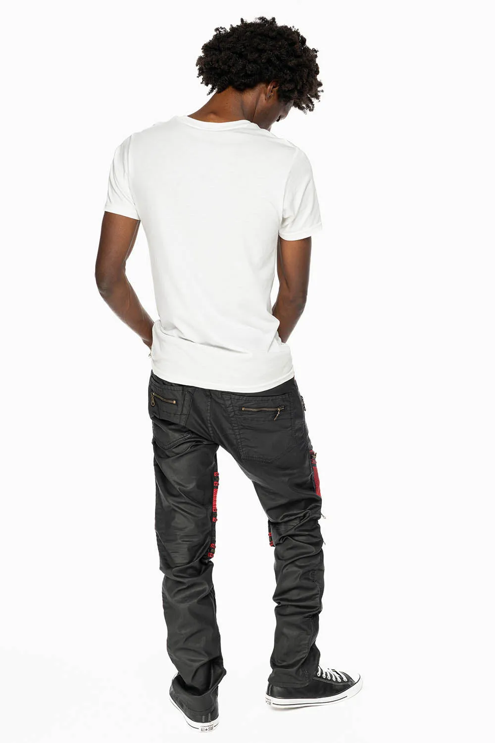 MENS THE SHOW BIKER JEANS IN BLACK DY FABRIC WITH RED INSERTS WITH EMBELLISHMENT sold by Robin's Jean product image thumbnail 3