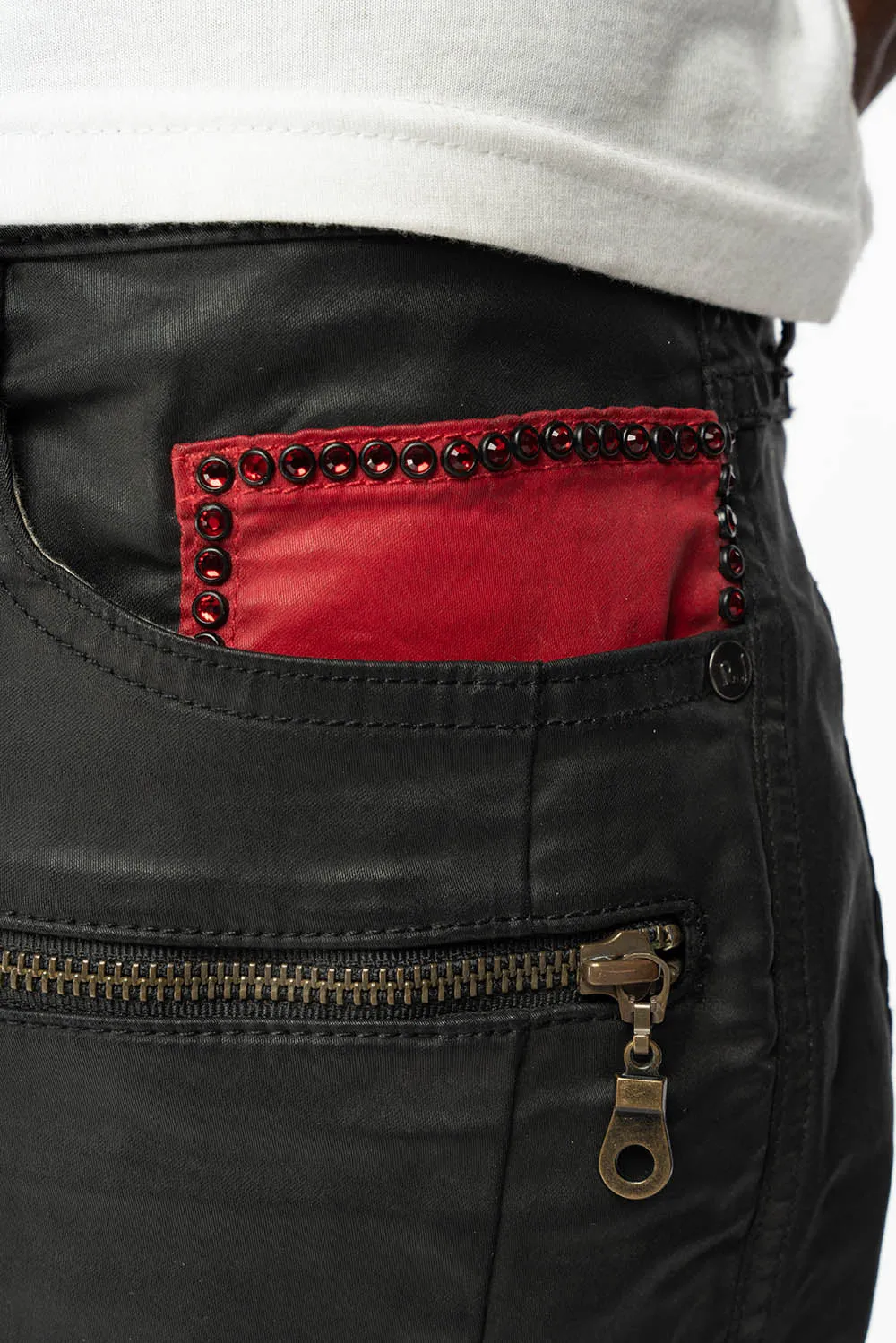 MENS THE SHOW BIKER JEANS IN BLACK DY FABRIC WITH RED INSERTS WITH EMBELLISHMENT sold by Robin's Jean product image thumbnail 5