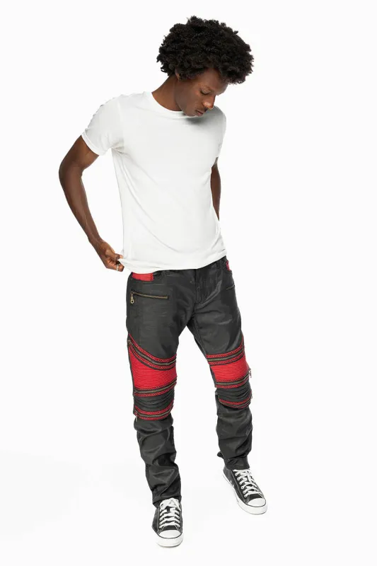 MENS THE SHOW BIKER JEANS IN BLACK DY FABRIC WITH RED INSERTS WITH EMBELLISHMENT sold by Robin's Jean