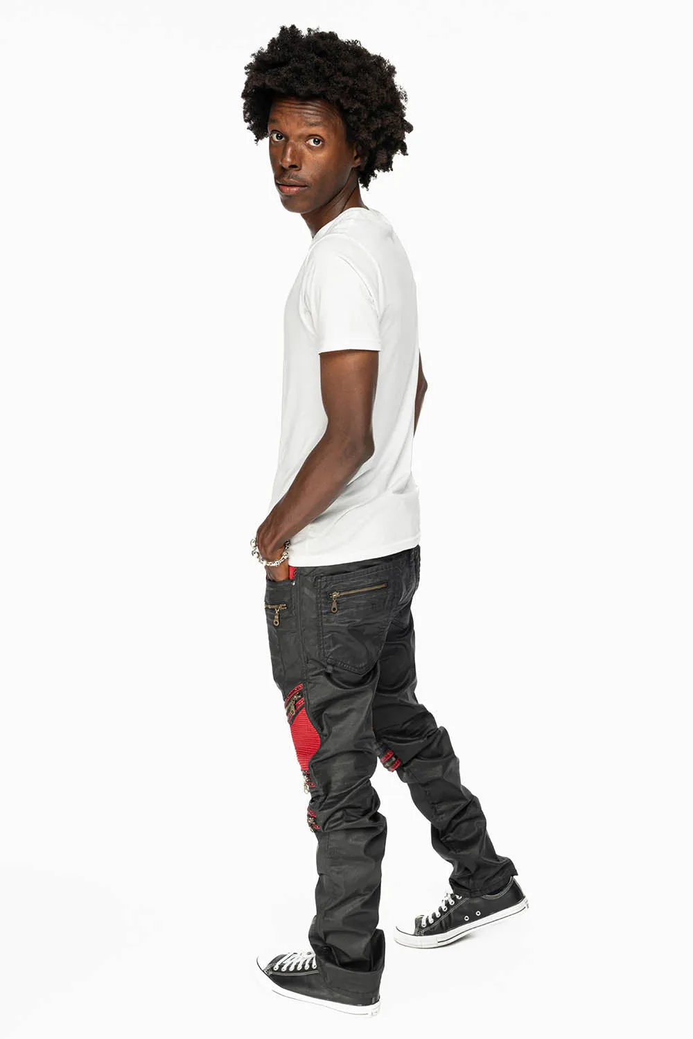 MENS THE SHOW BIKER JEANS IN BLACK DY FABRIC WITH RED INSERTS WITH EMBELLISHMENT sold by Robin's Jean product image thumbnail 4