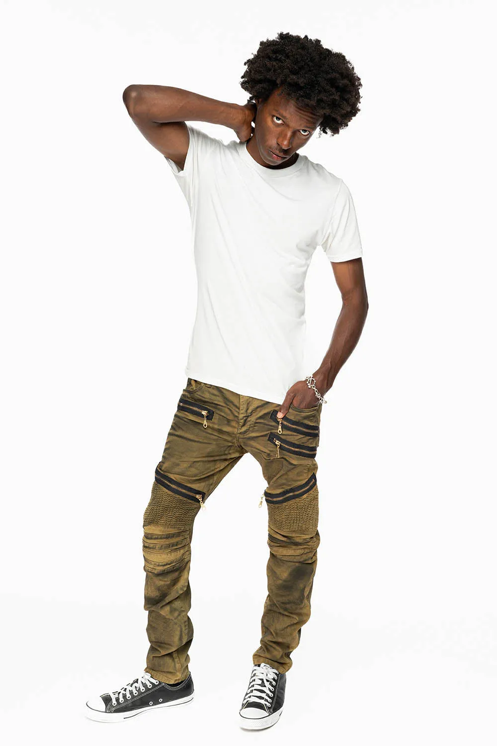 LONG FLAP BIKER IN SUPER NATURAL OLIVE WASH sold by Robin's Jean