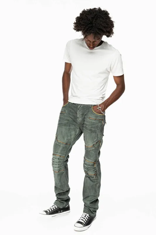 MEN'S BIKER SLIM JEANS IN DUSTY GREEN WASH WITH EMBELISHMENT sold by Robin's Jean