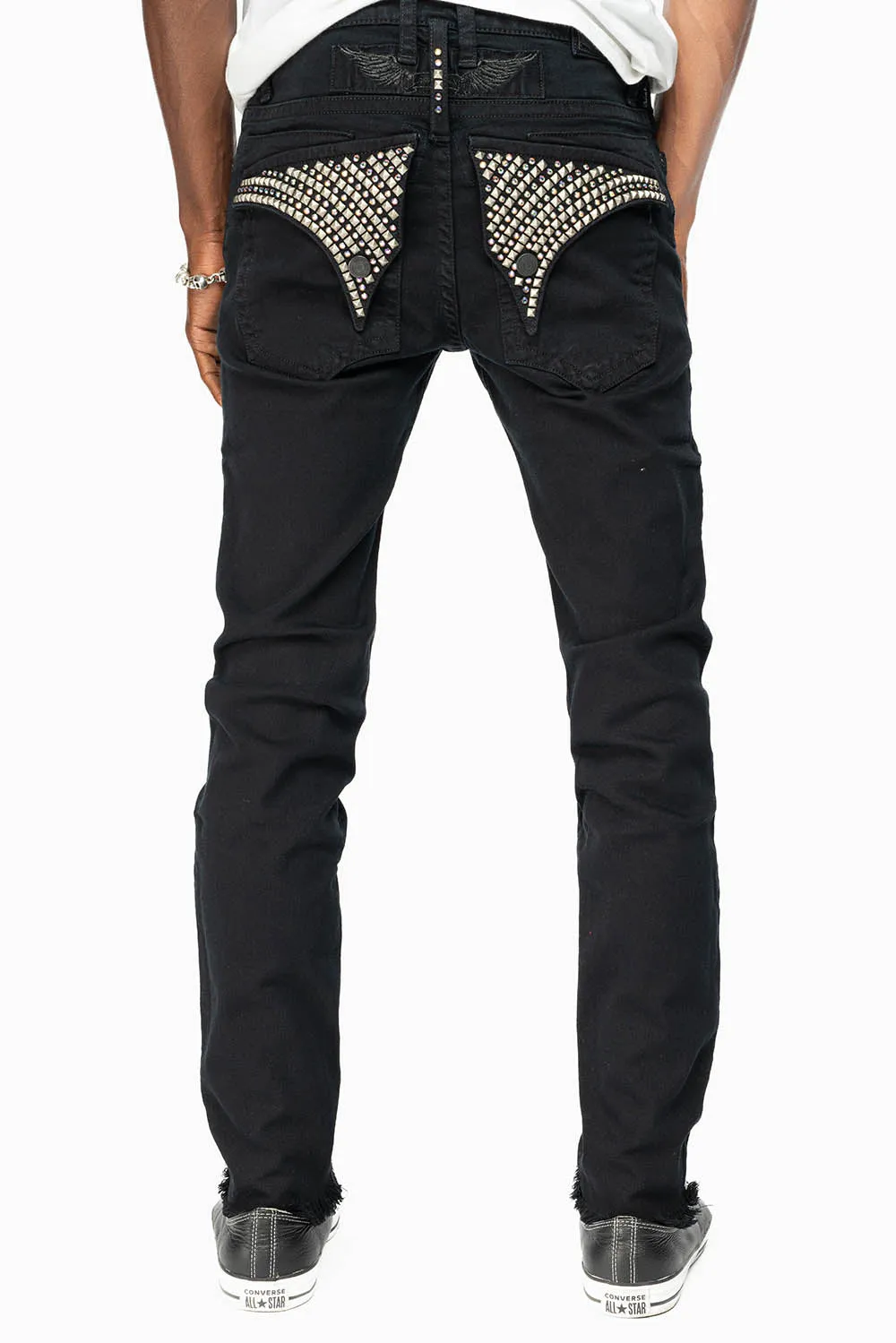 MENS LONG FLAP SKINNY JEANS IN PURE BLACK EMBELISHED WITH CRYSTALS AND SPIKE sold by Robin's Jean product image thumbnail 5