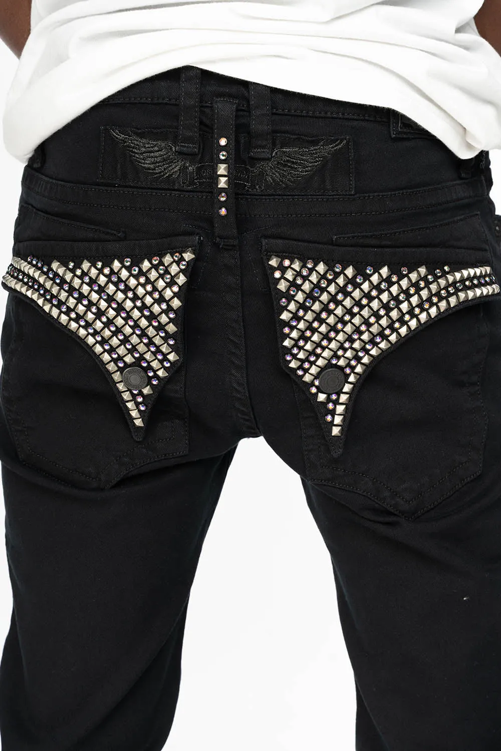 MENS LONG FLAP SKINNY JEANS IN PURE BLACK EMBELISHED WITH CRYSTALS AND SPIKE sold by Robin's Jean product image thumbnail 4
