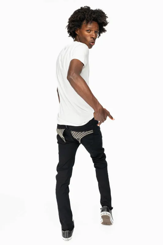 MENS LONG FLAP SKINNY JEANS IN PURE BLACK EMBELISHED WITH  CRYSTALS AND SPIKE sold by Robin's Jean