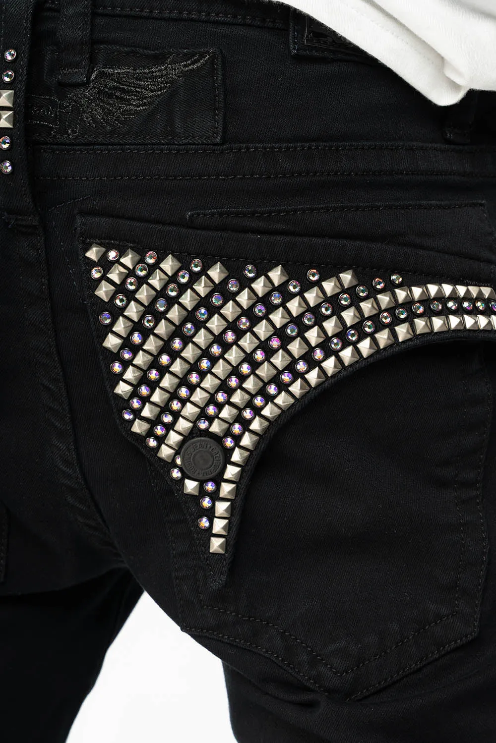 MENS LONG FLAP SKINNY JEANS IN PURE BLACK EMBELISHED WITH CRYSTALS AND SPIKE sold by Robin's Jean product image thumbnail 2