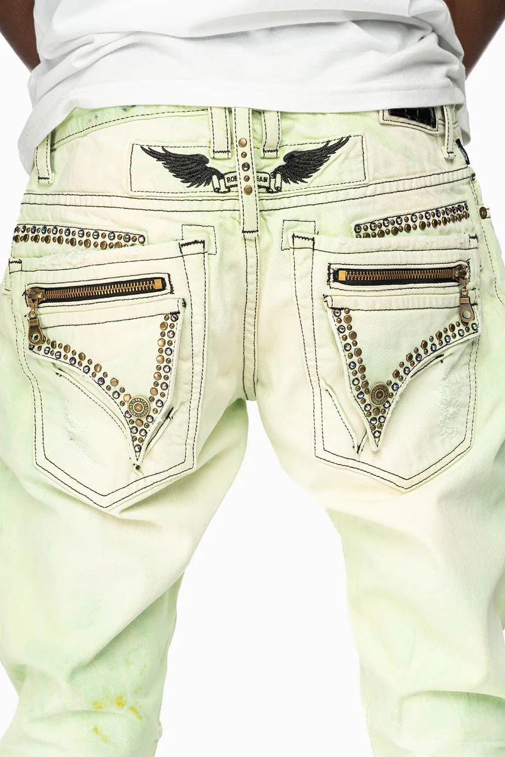 MINI FLAP MENS SLIM JEANS IN KEY LIME DESTROY BACKING WITH CRYSTALS sold by Robin's Jean product image thumbnail 5