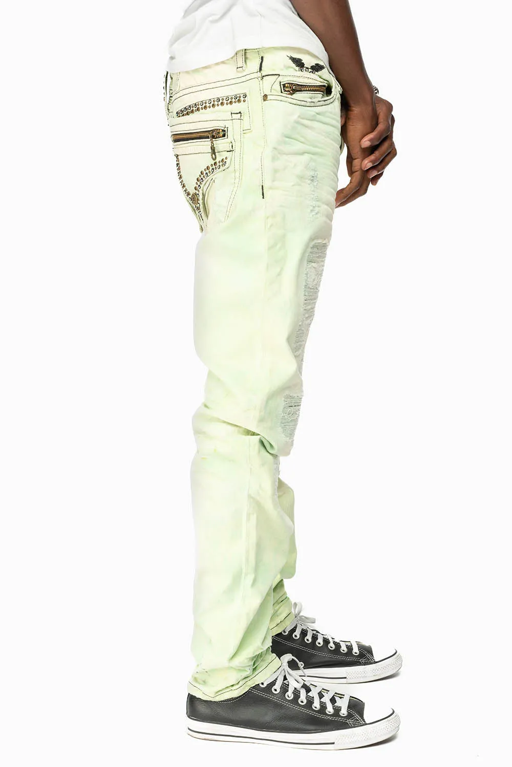 MINI FLAP MENS SLIM JEANS IN KEY LIME DESTROY BACKING WITH CRYSTALS sold by Robin's Jean product image thumbnail 3